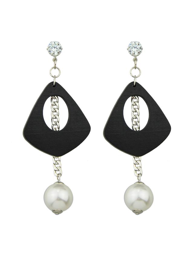 Romwe Silver Color Pearl Wooden Long Chain Earrings