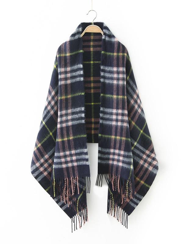 Romwe Navy Plaid Fringe Edge Scarf
