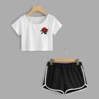 Romwe Rose Embroidered Patch Tee With Shorts