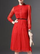 Romwe Red Crew Neck Gauze Belted A-line Dress