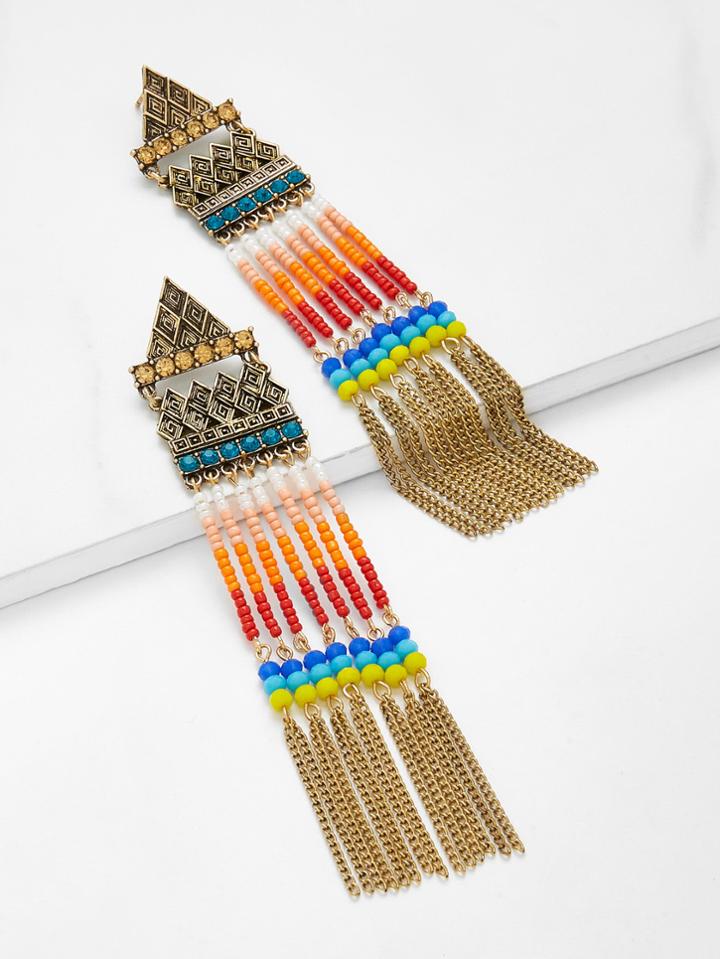 Romwe Beaded & Chain Detail Long Drop Earrings