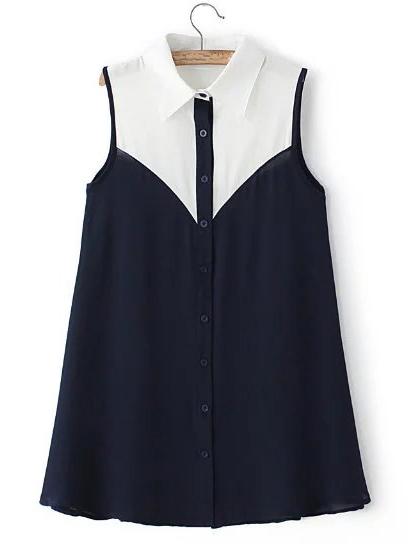 Romwe Navy Lapel Sleeveless Button Chiffon Dress