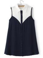 Romwe Navy Lapel Sleeveless Button Chiffon Dress