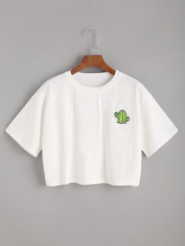 Romwe White Cactus Print Crop T-shirt