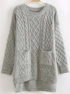 Romwe Grey Round Neck Dip Hem Cable Knit Pockets Sweater