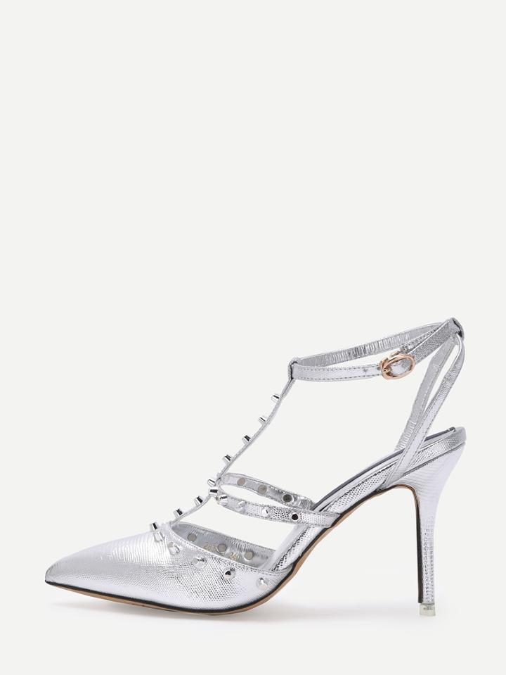 Romwe Silver Metallic T-strap Studded High Stiletto Pumps
