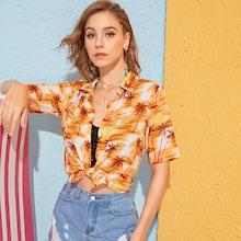 Romwe Tropical Print Tie Front Hawaiian Blouse