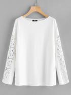 Romwe Circle Lace Insert Raw Hem Sweatshirt