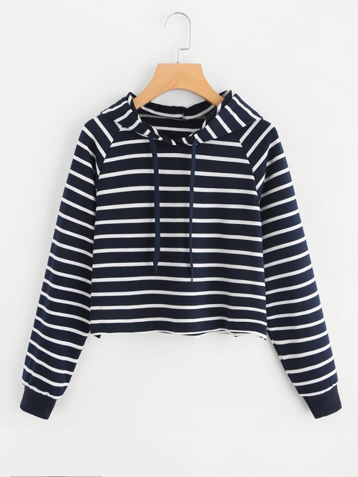 Romwe Raglan Sleeve Striped Crop Hoodie