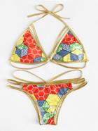Romwe Contrast Piping Geometric Bikini Set