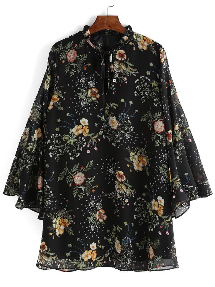 Romwe Stand Collar Bell Sleeve Florals Chiffon Shirt Dress