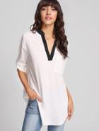 Romwe Contrast Trim Rolled Sleeve Curved Hem Blouse