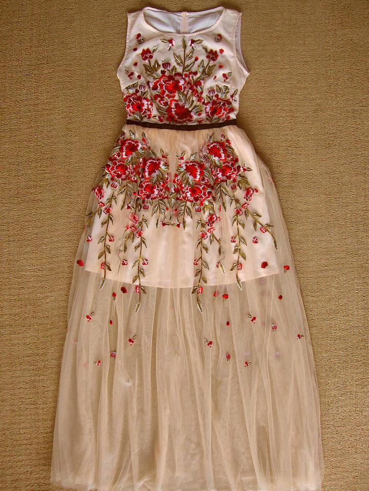 Romwe Pink Flower Embroidered Mesh Dress