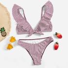 Romwe Ruffle Plunged Top With Striped Bikini Set