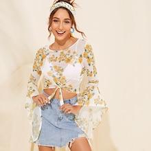 Romwe Tie Front Bell Sleeve Sheer Floral Print Crop Blouse