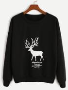 Romwe Black Elk Print Dropped Shoulder Seam Sweatshirt