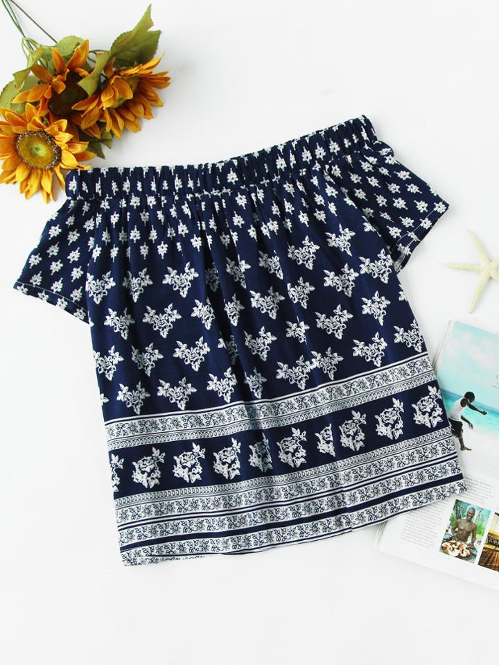Romwe Off Shoulder Allover Printed Top