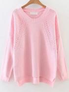 Romwe Pink Hollow Out Drop Shoulder Dip Hem Sweater