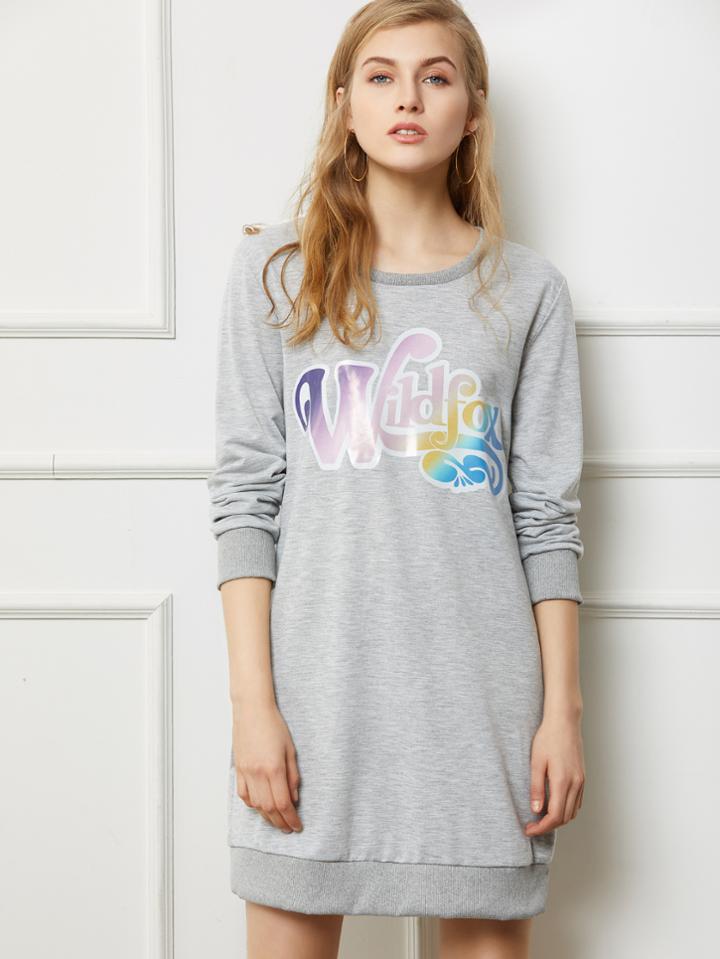 Romwe Heather Grey Letter Print Sweatshirt Dress