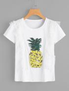 Romwe Sequin Pineapple Faux Pearl Detail Lace Panel Tee