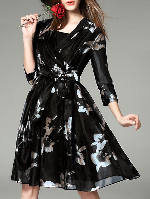 Romwe Black Grey V Neck Tie-waist Print Dress