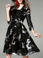 Romwe Black Grey V Neck Tie-waist Print Dress