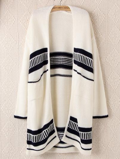 Romwe Long Sleeve Vertical Striped White Coat