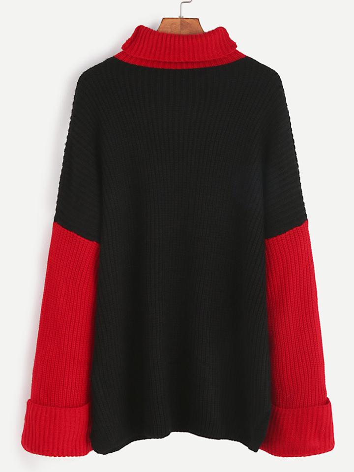 Romwe Contrast Turtleneck Drop Shoulder Roll Sleeve Sweater