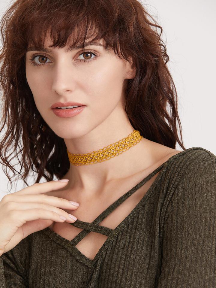 Romwe Yellow Hollow Out Lace Choker Necklace