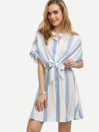 Romwe Blue Striped Knot Front Dolman Sleeve Dress