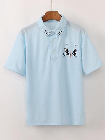 Romwe Cat Print Polo T-shirt - Blue