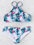 Romwe Calico Print Cross Strap Bikini Set