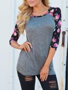 Romwe Round Neck Florals T-shirt