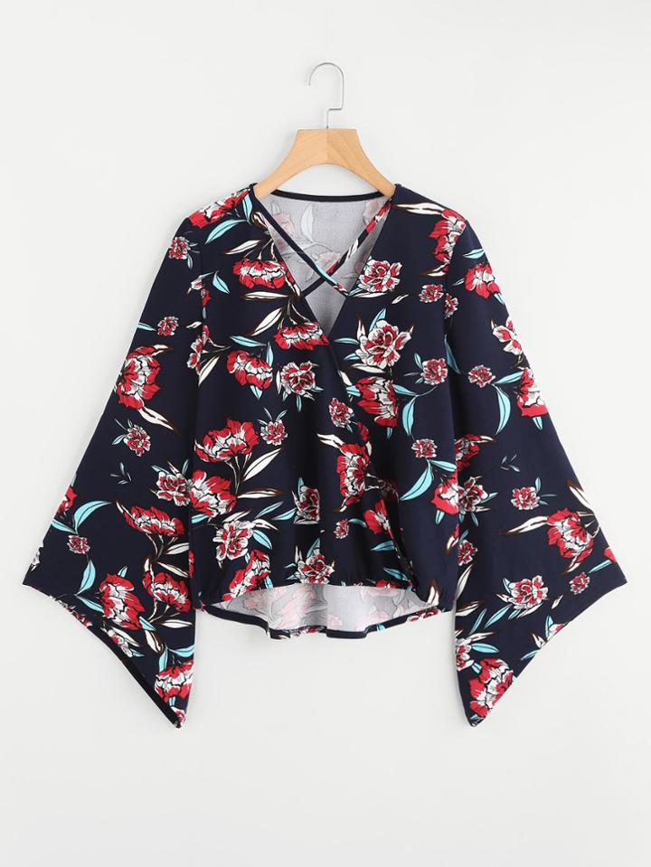 Romwe Crisscross Front Floral Blouson Top
