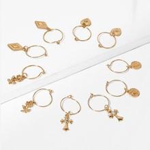 Romwe Rose Detail Hoop Drop Earrings 5pairs