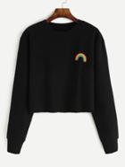 Romwe Black Rainbow Embroidered Crop Sweatshirt