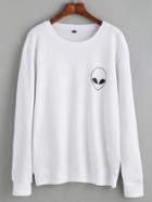 Romwe White Alien Print Long Sleeve Sweatshirt