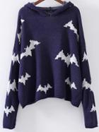 Romwe Blue Bat Pattern Hooded Sweater