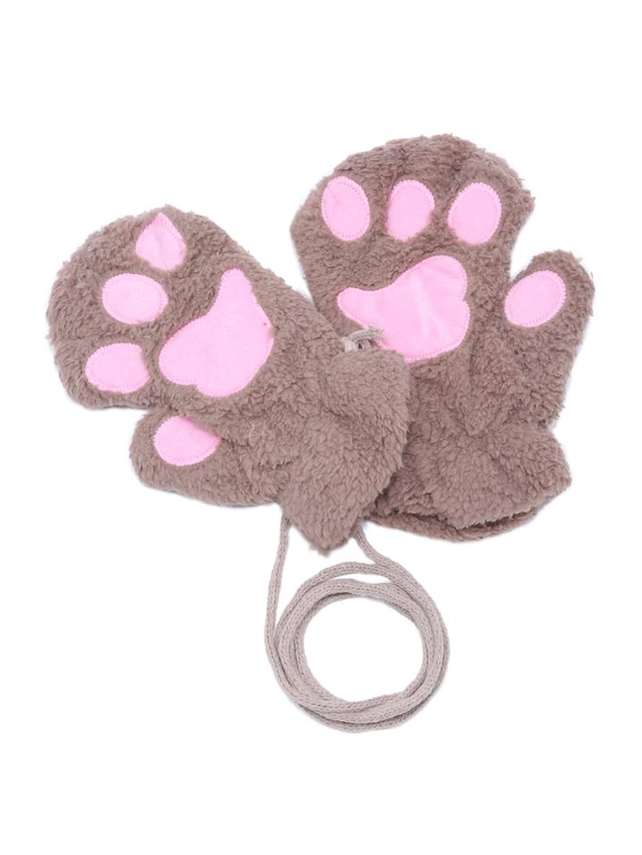 Romwe Khaki Faux Fur Cute Paw Design Mittens