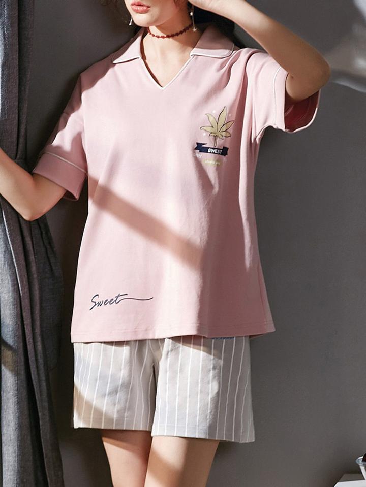 Romwe Leaf Print Top & Striped Shorts Pj Set