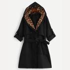 Romwe Double Breasted Belted Leopard Hoodie Coat