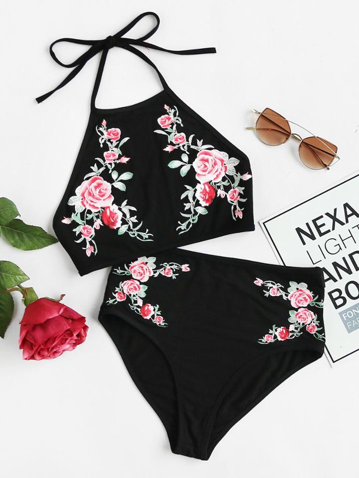Romwe Symmetric Rose Print Halter Top And Knicker Set