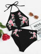 Romwe Symmetric Rose Print Halter Top And Knicker Set