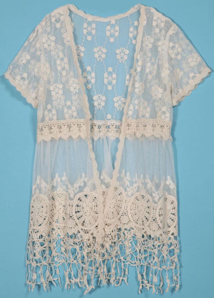 Romwe Embroidery Lace Cap Sleeve Tassel Open Top