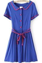 Romwe Lapel With Buttons Belt Pleated Dress