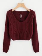 Romwe Lace Up Back Cable Knit Crop Sweater