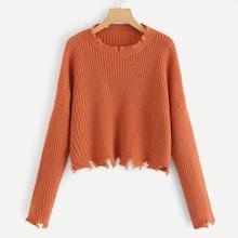 Romwe Solid Raw Hem Crop Sweater