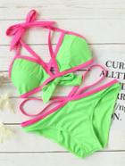 Romwe Green Contrast Trim Cutout Bikini Set