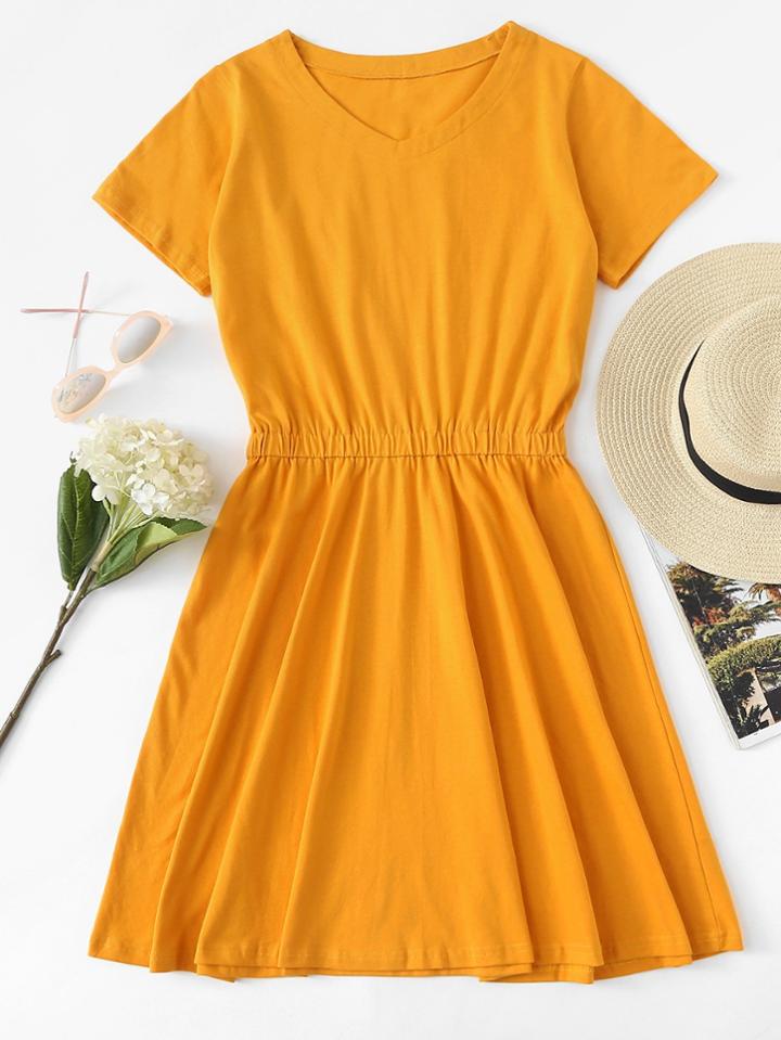 Romwe Solid Elastic Waist Dress