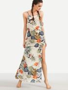 Romwe Multicolor Tropical Print High Slit Cami Dress